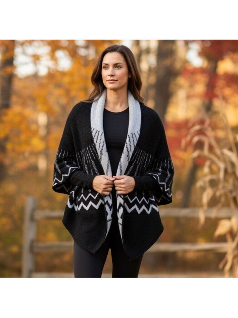 Madison 88 Knit Shawl, Wrap Women’s One Size Black & Gray Poncho Cardigan - Picture 1 of 9